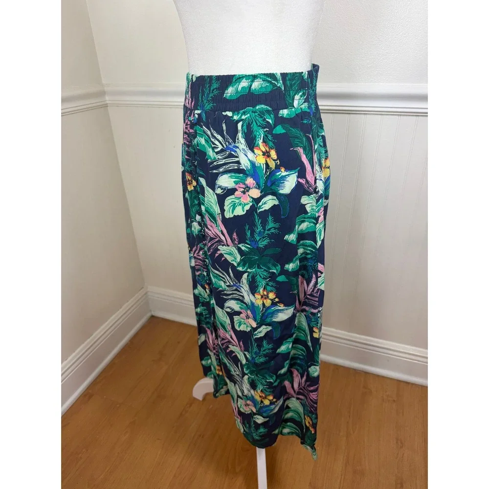 LOFT Tropical Floral Maxi Skirt‎ Womens XSP Navy Blue Button Side Slit Petite